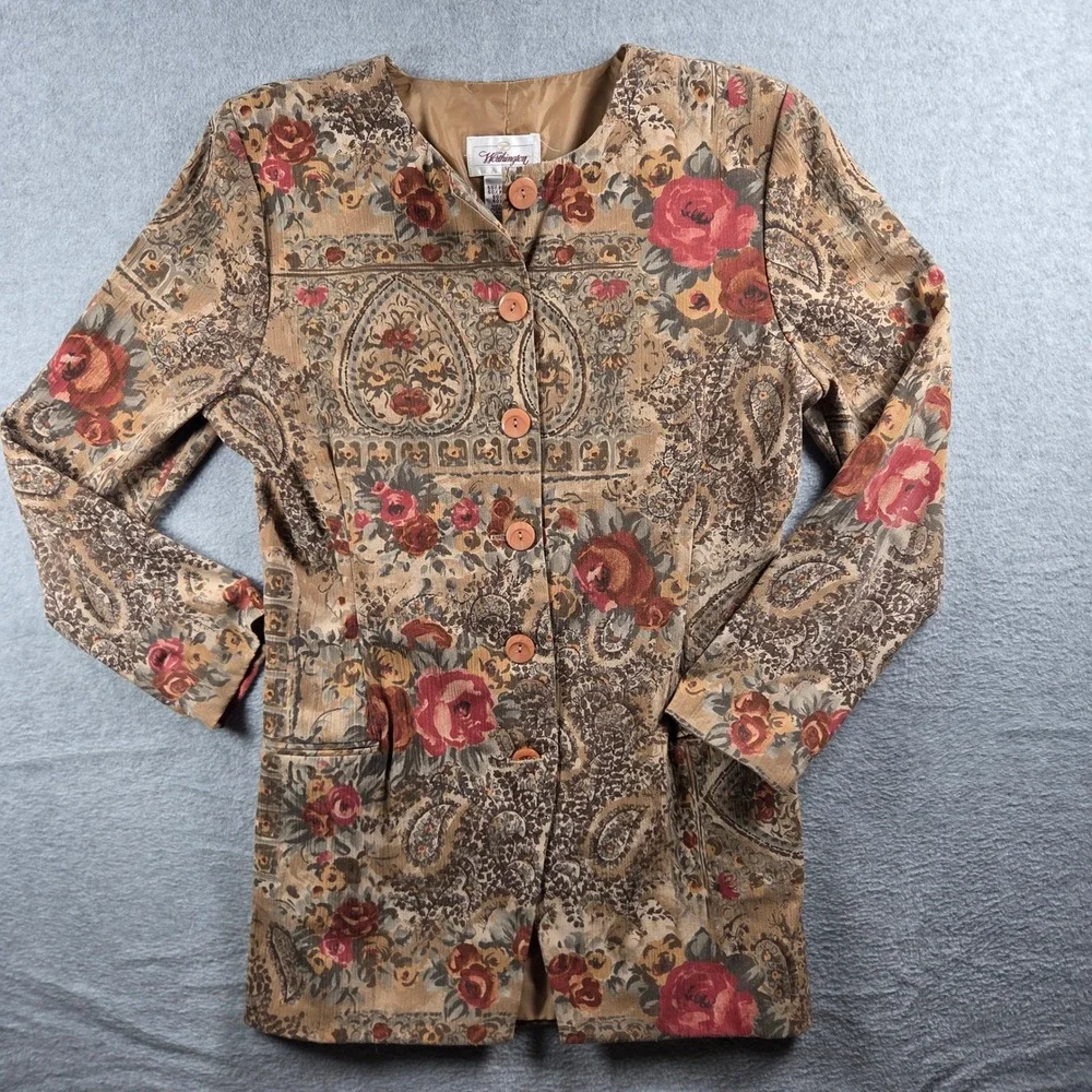Worthington Blazer Women Large Tan Floral Paisley Vintage Tapestry Button Front